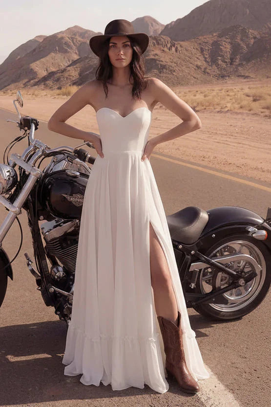 Edgy A-Line Sweetheart Ruffled Slit White Maxi Wedding Dress Hot Sale