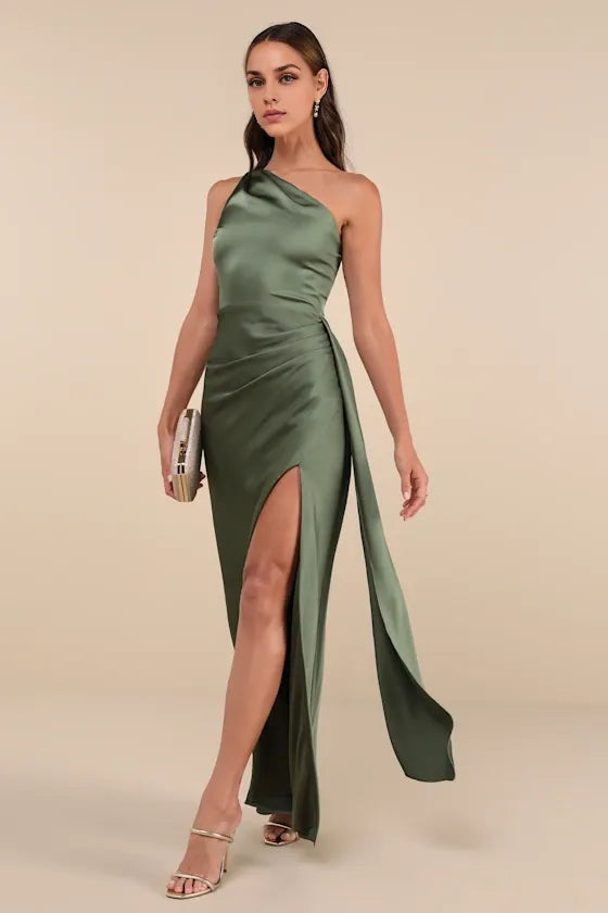 Green Dress Elegance Olive One-Shoulder Maxi Dress Evening Dress Sheath Sleeveless Irregular Neck Prom Dress