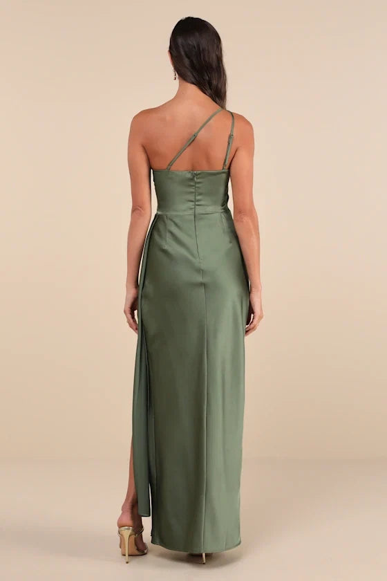 Green Dress Elegance Olive One-Shoulder Maxi Dress Evening Dress Sheath Sleeveless Irregular Neck Prom Dress