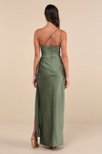 Green Dress Elegance Olive One-Shoulder Maxi Dress Evening Dress Sheath Sleeveless Irregular Neck Prom Dress