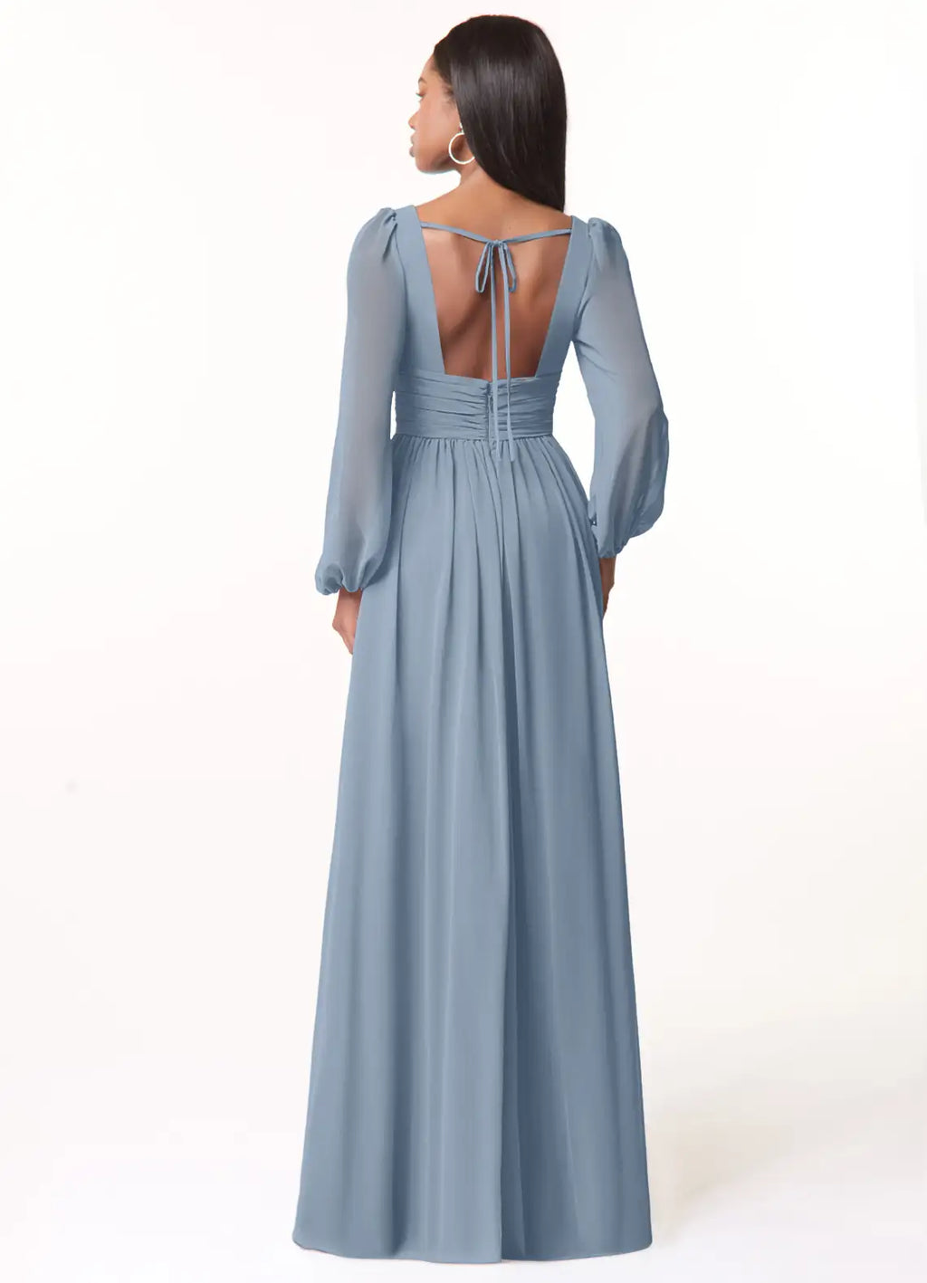 Elegant A-Line Chiffon Deep V Puff Sleeve Tie Back Floor Length Bridesmaid Dress