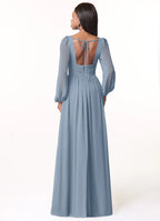Elegant A-Line Chiffon Deep V Puff Sleeve Tie Back Floor Length Bridesmaid Dress