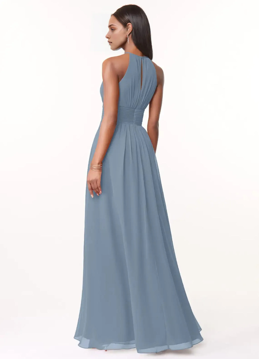 Elegant A-Line Chiffon Halter Neck Sleeveless Keyhole Back Floor Length Bridesmaid Dress