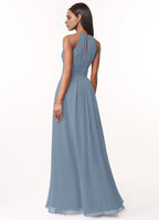 Elegant A-Line Chiffon Halter Neck Sleeveless Keyhole Back Floor Length Bridesmaid Dress
