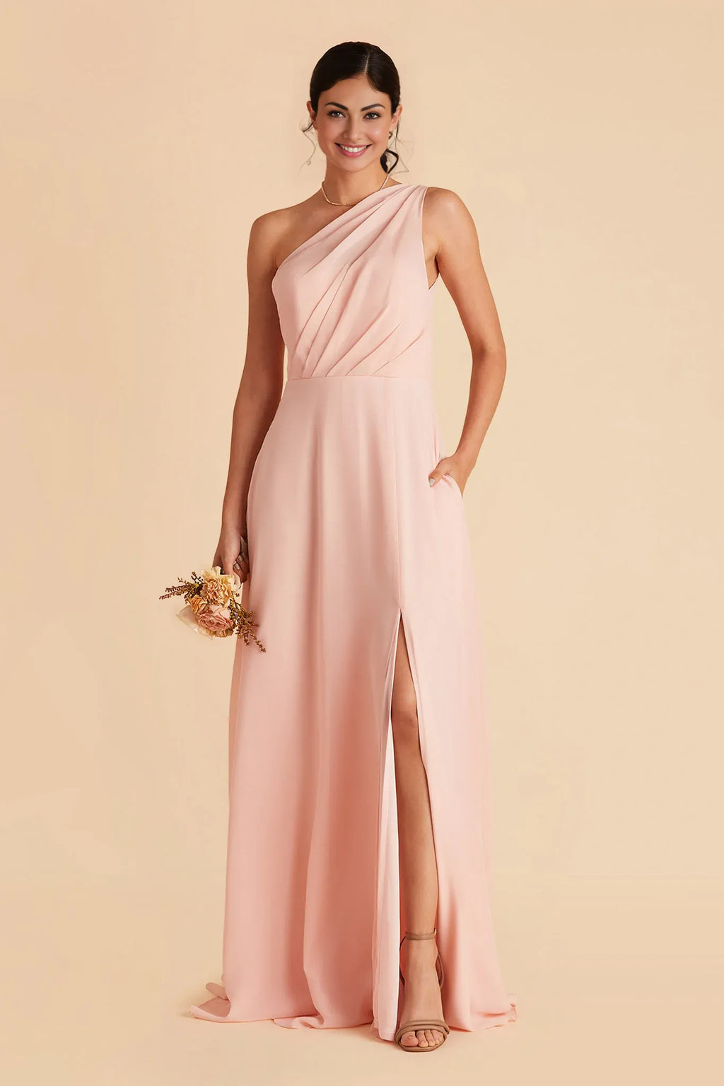 Elegant A-Line Chiffon One Shoulder Sleeveless Open Back Floor Length Bridesmaid Dress
