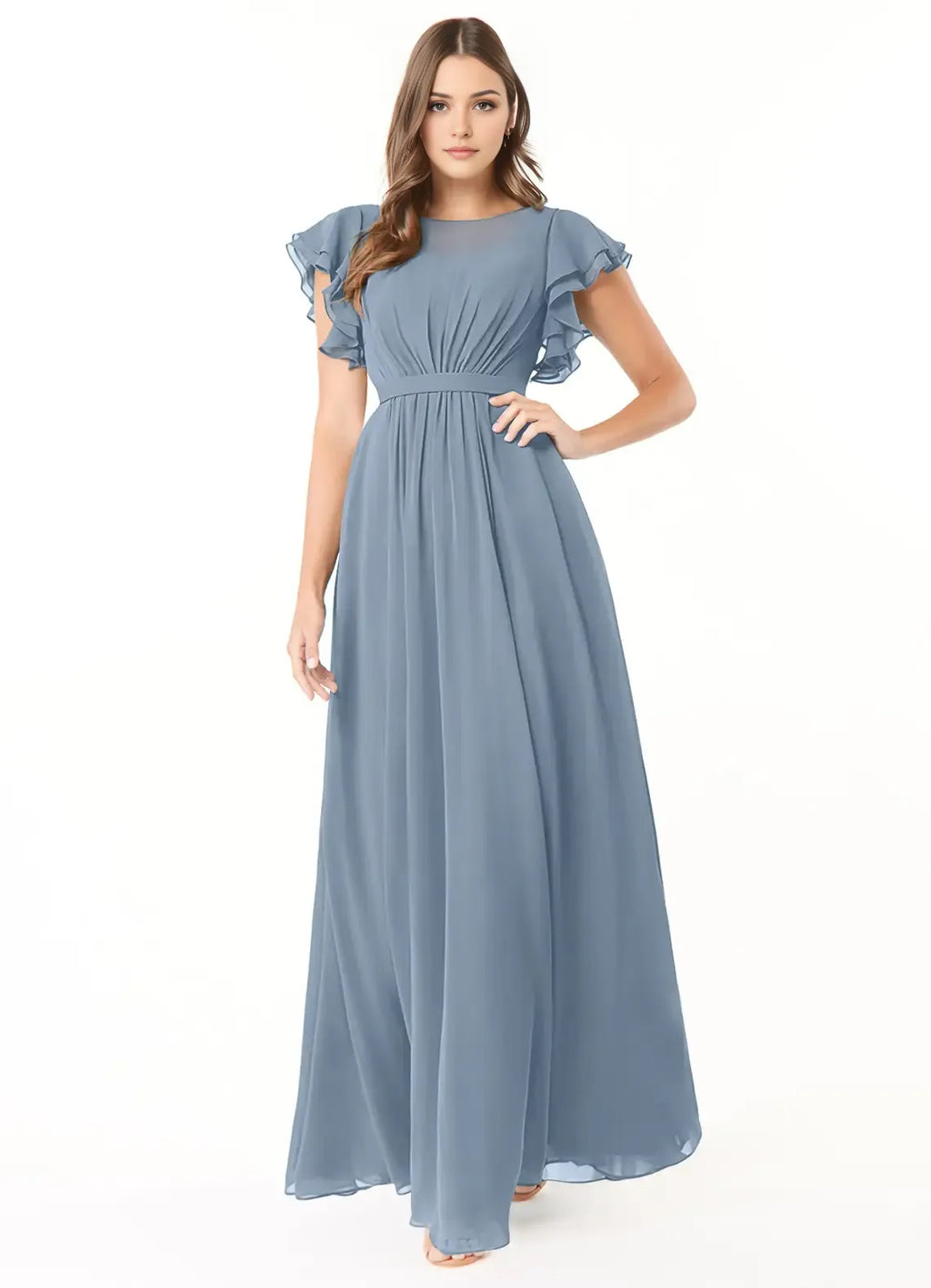 Elegant A-Line Chiffon Round Neck Ruffle Sleeve Zipper Back Floor Length Bridesmaid Dress