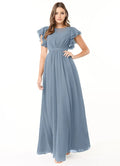 Elegant A-Line Chiffon Round Neck Ruffle Sleeve Zipper Back Floor Length Bridesmaid Dress