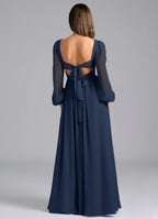 Elegant A-Line Chiffon V Neck Puff Sleeve Bow Back Floor Length Bridesmaid Dress