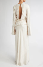 Elegant A Line Crew Neck Bell Sleeve Keyhole Back Floor Length Evening Dress