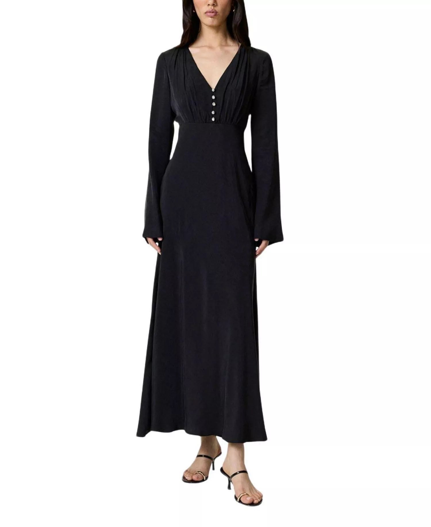 Elegant A Line Deep V Neck Long Sleeve Pearl Accent Floor Length For Sale Prom Dress