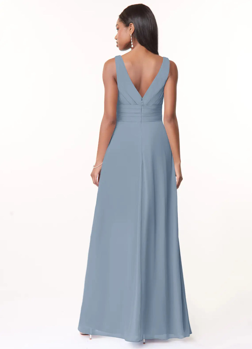 Elegant A-Line Deep V Neck Sleeveless Plunging Back Floor Length Bridesmaid Dresses