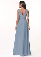Elegant A-Line Deep V Neck Sleeveless Plunging Back Floor Length Bridesmaid Dresses