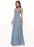 Elegant A-Line Deep V Neck Sleeveless Plunging Back Floor Length Bridesmaid Dresses