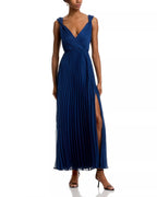 Elegant A Line Deep V Neck Sleeveless V Back Pleated Skirt High Slit Floor Length Female Prom Dress