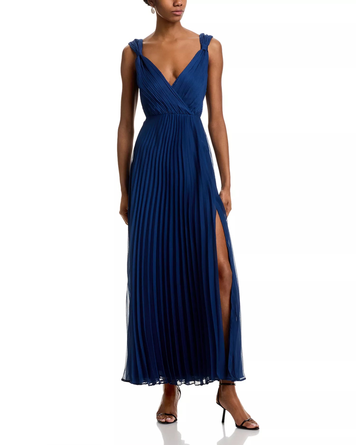 Elegant A Line Deep V Neck Sleeveless V Back Pleated Skirt High Slit Floor Length Female Prom Dress