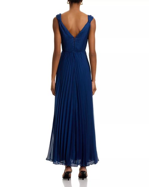 Elegant A Line Deep V Neck Sleeveless V Back Pleated Skirt High Slit Floor Length Female Prom Dress