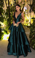 A-Line Deep V-Neck Tiered Floor-Length Evening Gown