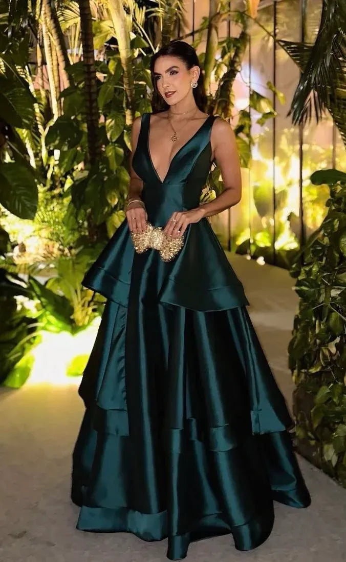 A-Line Deep V-Neck Tiered Floor-Length Evening Gown