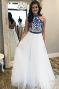 A-Line Halter Neck Embroidered Maxi Prom Dress