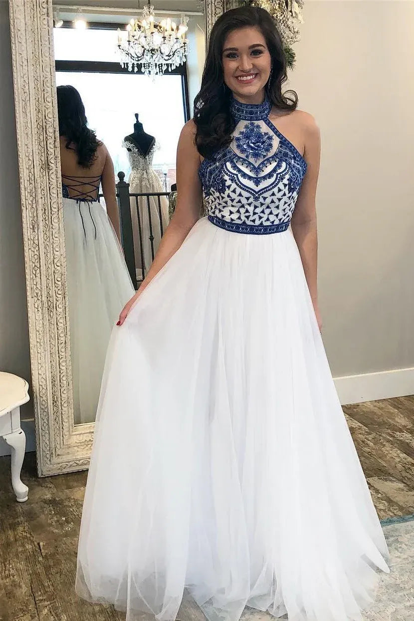 A-Line Halter Neck Embroidered Maxi Prom Dress