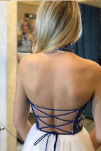 A-Line Halter Neck Embroidered Maxi Prom Dress