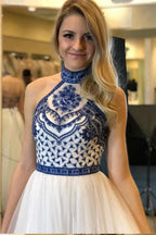 A-Line Halter Neck Embroidered Maxi Prom Dress