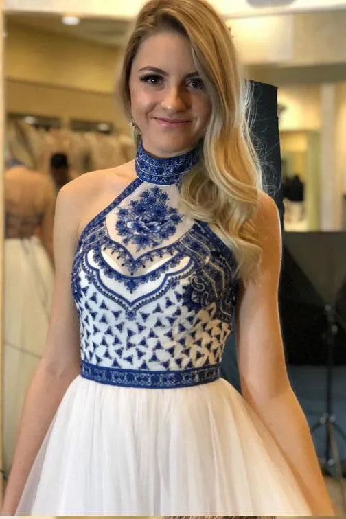 A-Line Halter Neck Embroidered Maxi Prom Dress