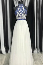 A-Line Halter Neck Embroidered Maxi Prom Dress