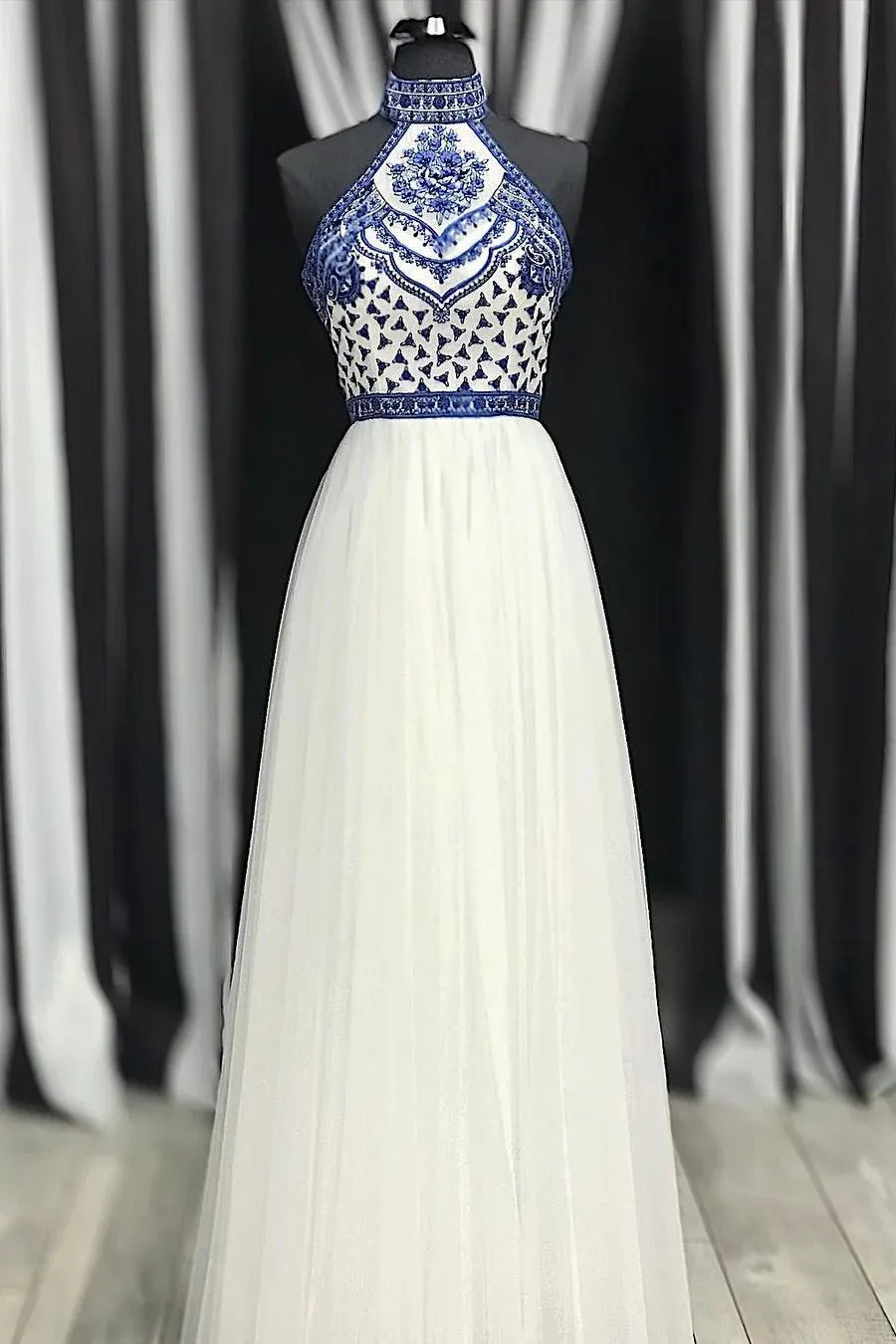 A-Line Halter Neck Embroidered Maxi Prom Dress