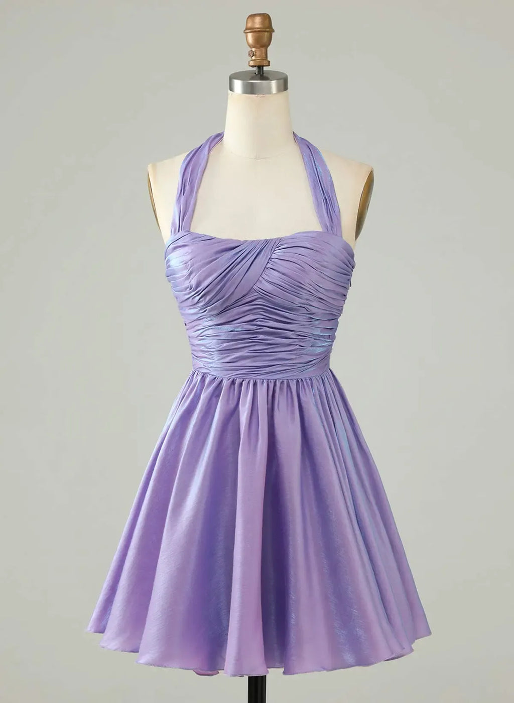 Lavender A-Line Halter Neck Ruched Bodice Shimmer Mini Homecoming Dress