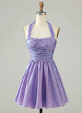 Lavender A-Line Halter Neck Ruched Bodice Shimmer Mini Homecoming Dress