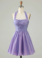 Lavender A-Line Halter Neck Ruched Bodice Shimmer Mini Homecoming Dress