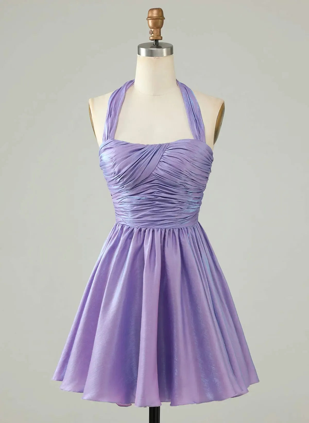 Lavender A-Line Halter Neck Ruched Bodice Shimmer Mini Homecoming Dress