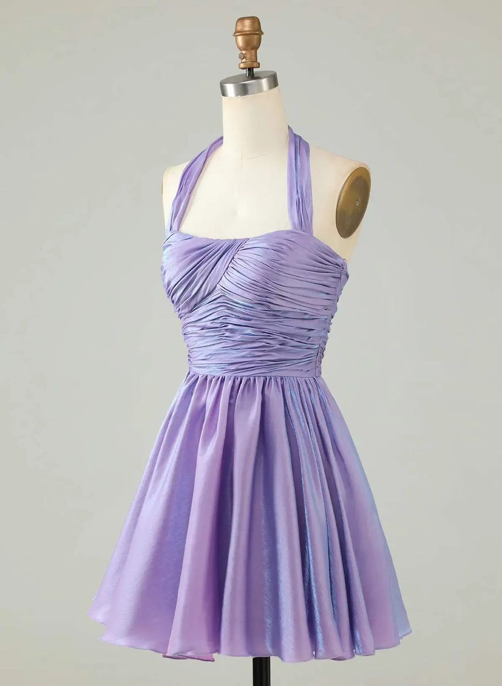 Lavender A-Line Halter Neck Ruched Bodice Shimmer Mini Homecoming Dress