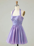 Lavender A-Line Halter Neck Ruched Bodice Shimmer Mini Homecoming Dress