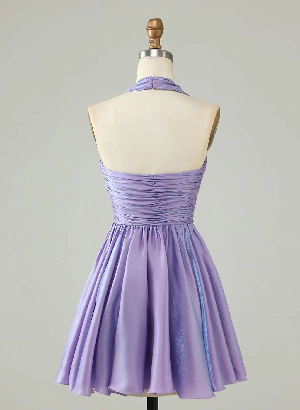 Lavender A-Line Halter Neck Ruched Bodice Shimmer Mini Homecoming Dress
