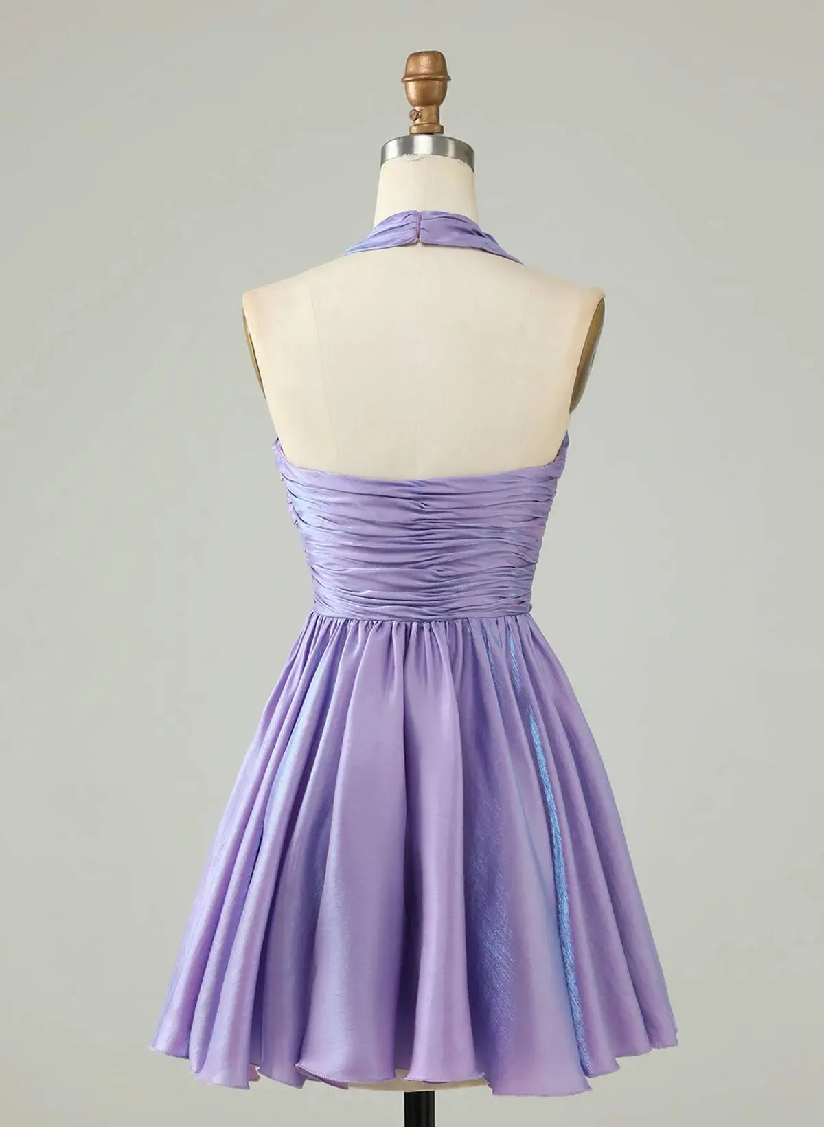 Lavender A-Line Halter Neck Ruched Bodice Shimmer Mini Homecoming Dress