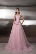 A-Line Halter Neck Sleeveless 3D-Flower Evening Dress With Train
