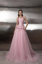 A-Line Halter Neck Sleeveless 3D-Flower Evening Dress With Train