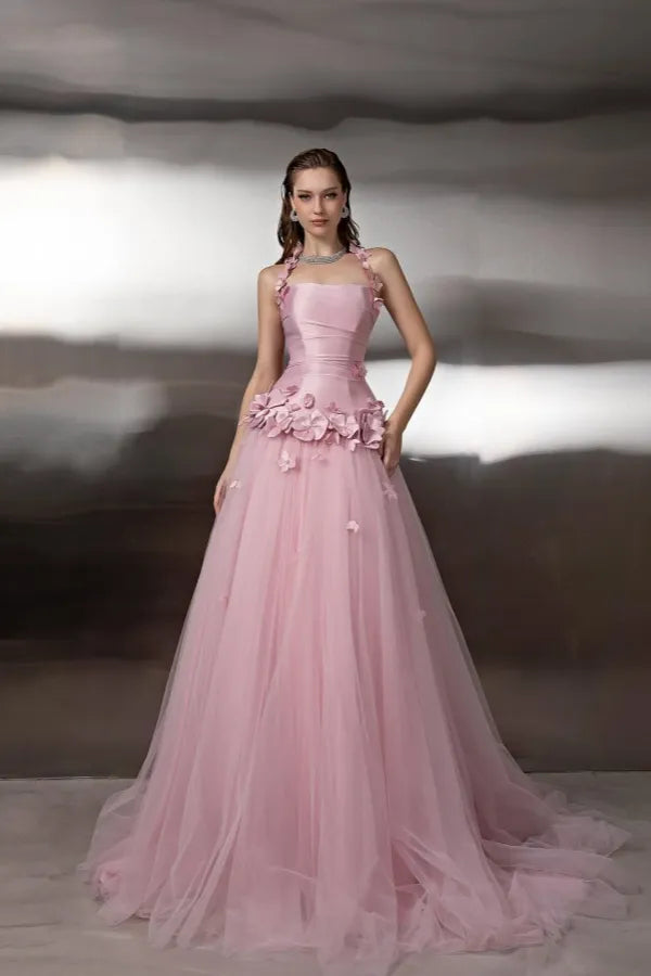 A-Line Halter Neck Sleeveless 3D-Flower Evening Dress With Train
