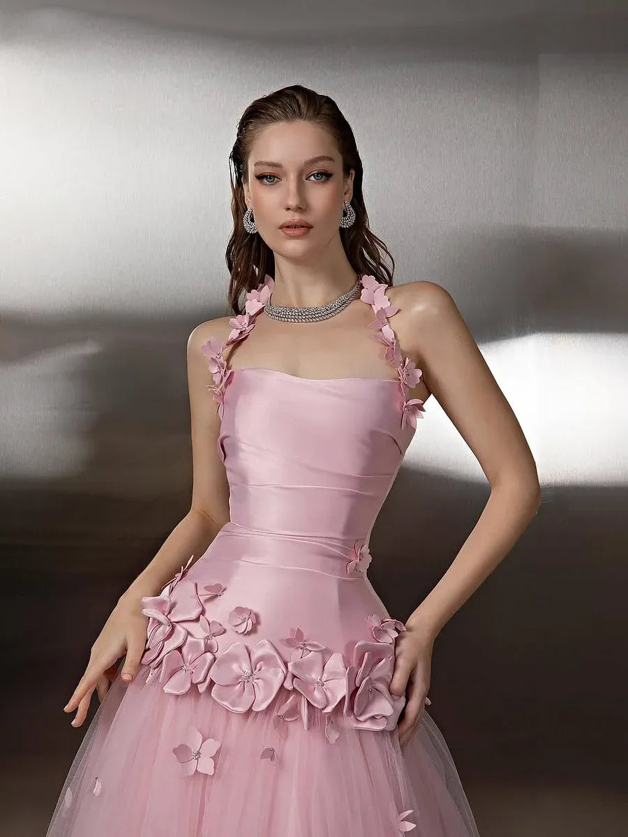 A-Line Halter Neck Sleeveless 3D-Flower Evening Dress With Train