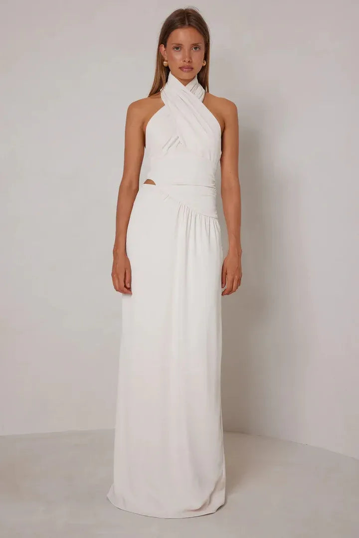 Elegant A-Line Halter Neck Sleeveless Cutout Open Back Floor Length Hot Sale Prom Dress