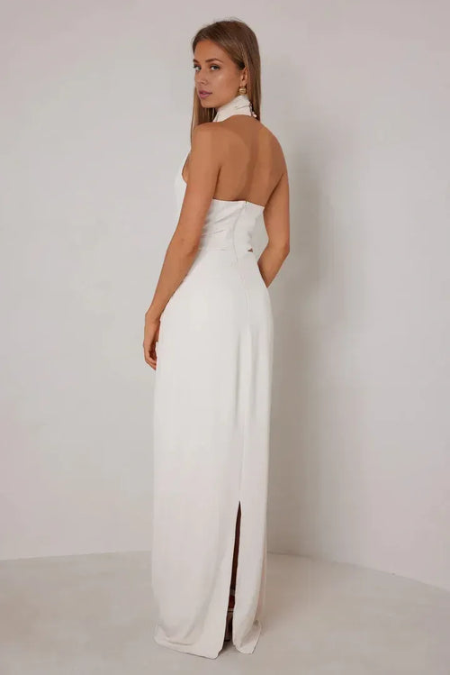 Élégante robe de bal longue, trapèze, dos nu, licou, sans manches, avec découpes