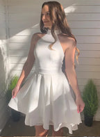 White A-Line Halter Neck Sleeveless Pleated Asymmetrical Hem Mini Homecoming Dress