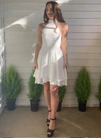 White A-Line Halter Neck Sleeveless Pleated Asymmetrical Hem Mini Homecoming Dress