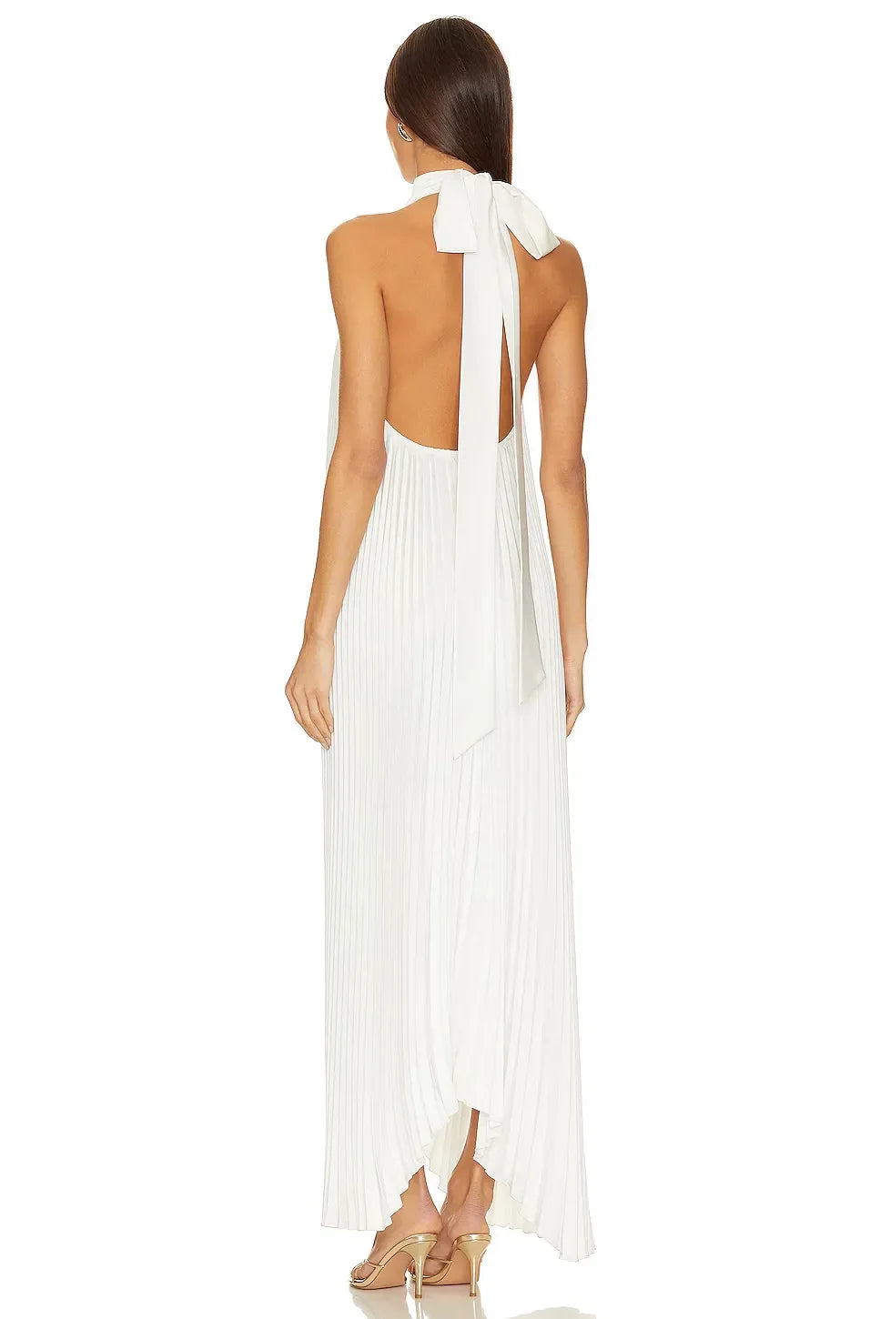 Elegant A-Line Halter Neck Sleeveless Pleated Back Asymmetric Length Evening Dress
