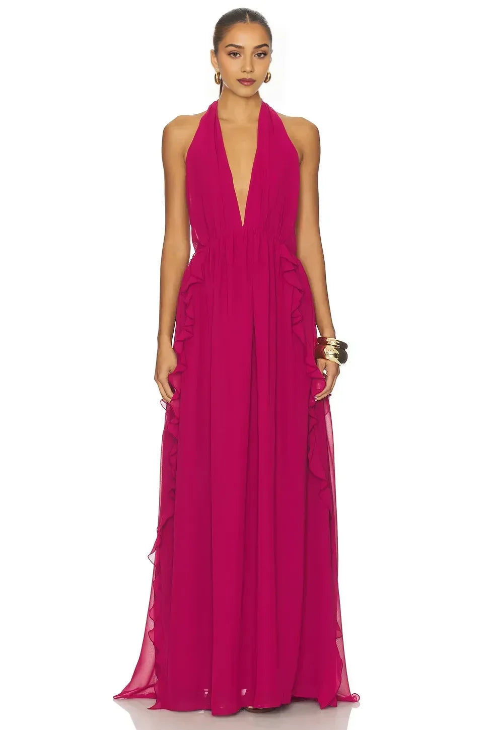 Elegant A Line Halter Neck Sleeveless Ruffled Open Back Floor Length Evening Dress