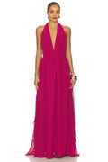 Elegant A Line Halter Neck Sleeveless Ruffled Open Back Floor Length Evening Dress
