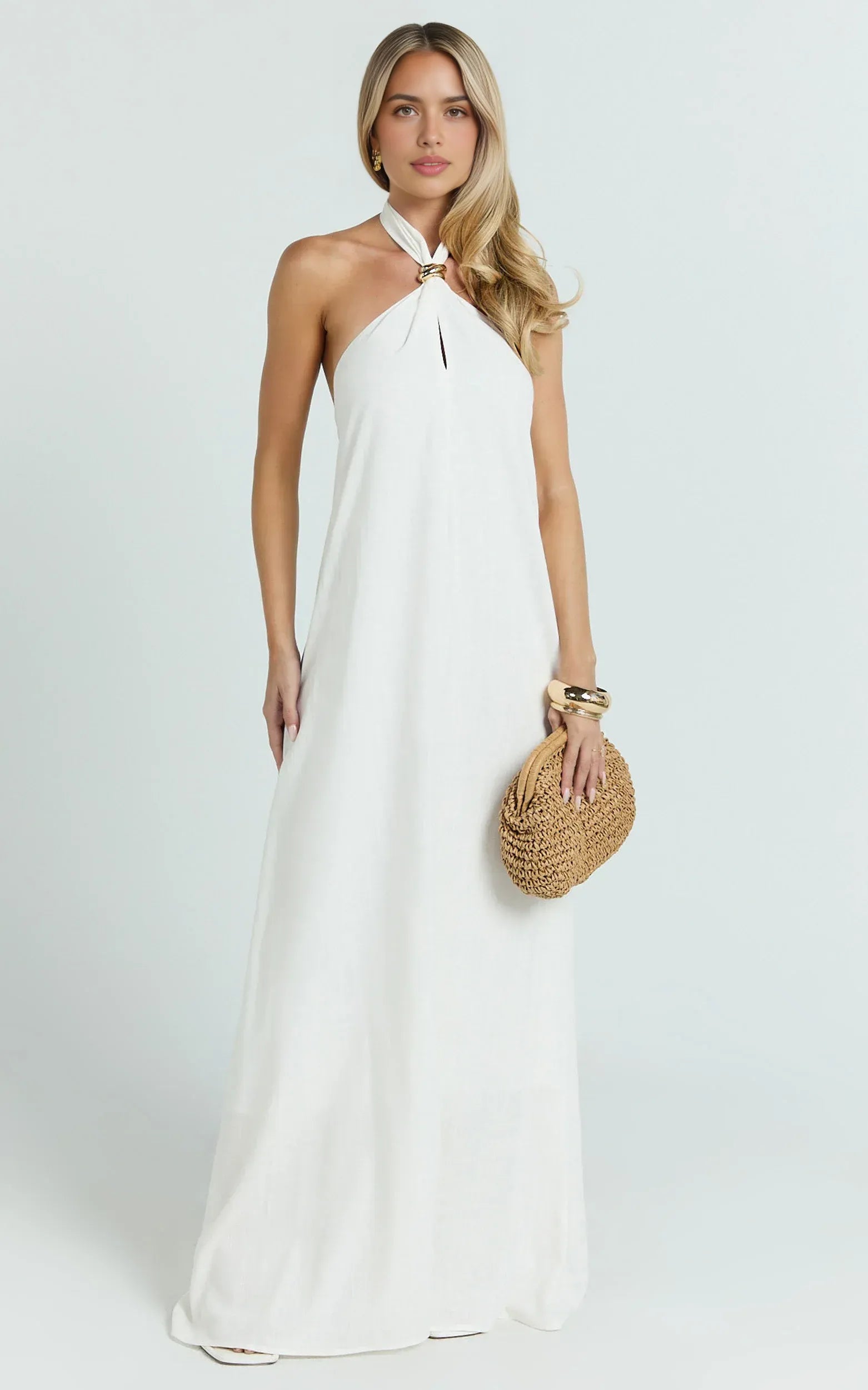 Elegant A Line Halter Sleeveless Tie Back Floor Length Plus Size Evening Dress