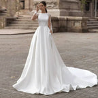 A-Line High Neck Long Sleeve Appliqué Backless Wedding Dress